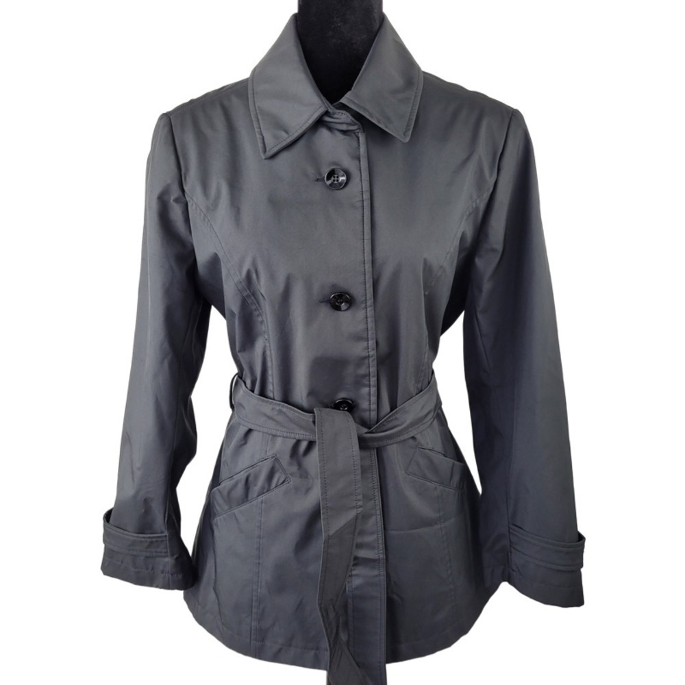 Forecaster of Boston Woman’s Black belted nylon rain coat jacket mid hip size S